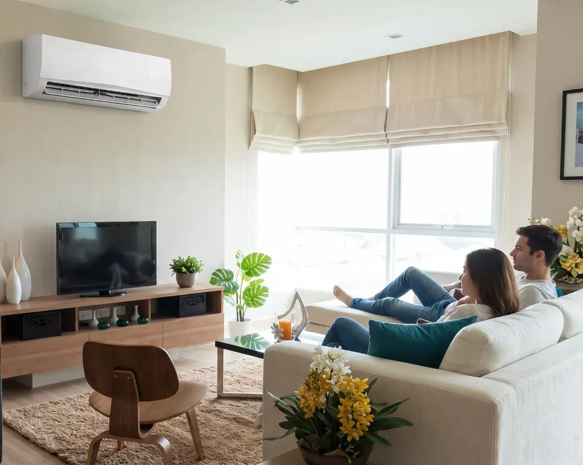 Pareja descansando en una sala fresca, con un minisplit encendido en la pared